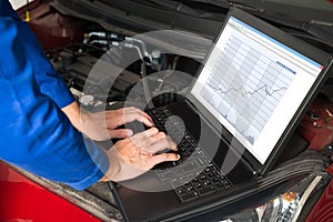 Mechanic Fixing Car With The Help Of Laptop