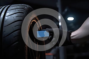 Mechanic with gadget repairing car wheel in workshop