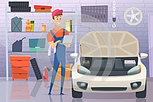 Mechanic in garage. Auto service man fixing repairing vehicle vector cartoon background