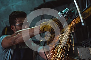 mechanic in goggles working with circular saw