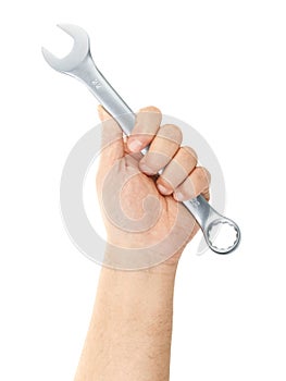 Mechanic hand hold wrench in hand on white