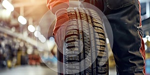 Mechanic holding a new tire at workshop