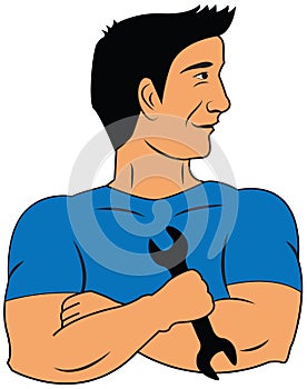 Mechanic holding a wrench and smiling Wrench icon.