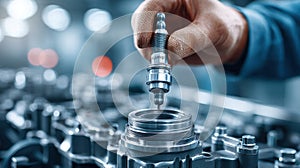 Mechanic installing a spark plug in an engine