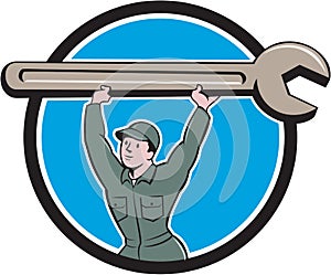 Mechanic Lifting Spanner Wrench Circle Cartoon