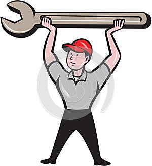 Mechanic Lifting Wrench Isolated Cartoon