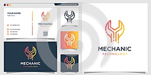 Mechanic logo technology with gradient line art style and business card design template, repair, gradient, service Premium Vector