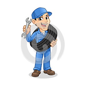 Mechanic Man Carrying The Tire with Holding a Wrench in The Other Hand