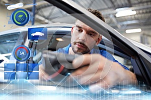 Mechanic man with diagnostic scanner at car shop