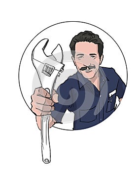 Mechanic Man Holding a Wrench. Vector Illustration