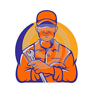 Mechanic man mascot logo design, cartoon car mechanic worker mascot, Vector clipart image of a male mechanic