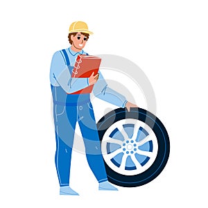 Mechanic Man Repair Flat Tire Car Wheel Vector