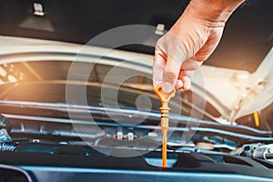 The mechanic is pulling the dipstick in the engine compartment to check the oil level