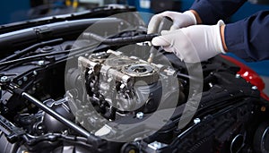 Mechanic repairing car engine in auto repair shop generated by AI