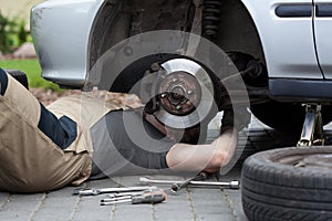 Mechanic repairing car wheel