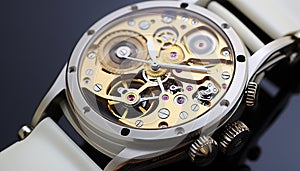 Mechanic repairing wristwatch, disassembling small metallic machine part generated by AI