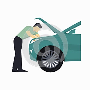 Mechanic repairs a car, flat design vector illustration. Car service