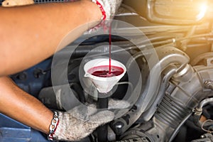 Mechanic replacing and pouring new fresh oil into car engine at