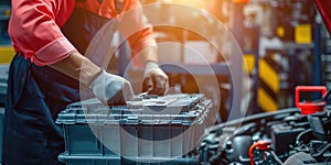 Mechanic Retrieving New Battery At Service Center For Car Battery Replacements photo