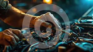 The mechanic's hands at work. AI generated