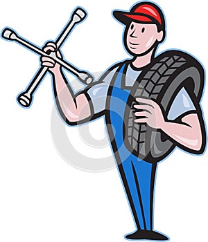 Mechanic With Tire Socket Wrench And Tire