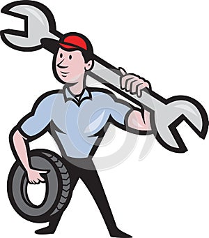 Mechanic With Tire Socket Wrench And Tire