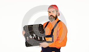 Mechanic Tool Box. Man in uniform carries toolbox white background. Worker repairer repairman handyman carrying toolbox