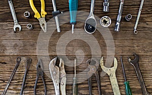 Mechanic tool placed on wooden table