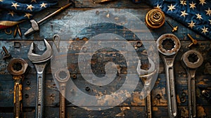 Mechanic Tools and USA Flag on Wooden Background Celebrating Labor Day, a National Holiday