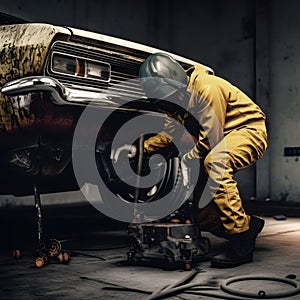 A mechanic using a hydraulic jack to lift a car Hyper-rea generative AI photo
