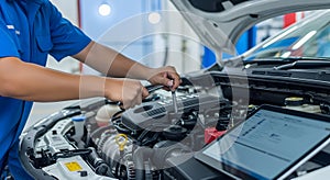 A mechanic using a tablet to diagnose a car engine