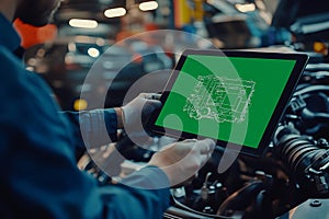 Mechanic using tablet to diagnose car engine problem