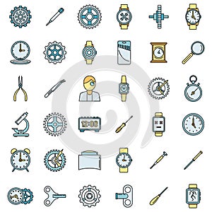 Mechanic watch repair icons set vector color