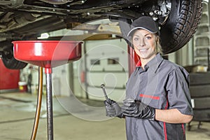 Mechanic woman working on car in his shop