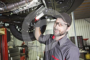 Mechanic working on car in his shop