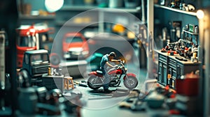 Mechanic Working on Red Motorcycle in a Workshop Setting