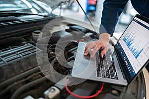 Mechanic using laptop to diagnose car engine problem.