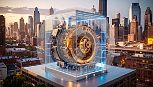 Mechanical AI Core Rotating Inside Transparent Cube. AI themed Background. Generated Image