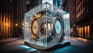 Mechanical AI Core Rotating Inside Transparent Cube. AI themed Background. Generated Image