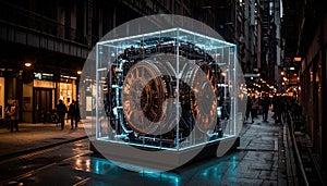 Mechanical AI Core Rotating Inside Transparent Cube. AI themed Background. Generated Image