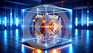 Mechanical AI Core Rotating Inside Transparent Cube. AI themed Background. Generated Image