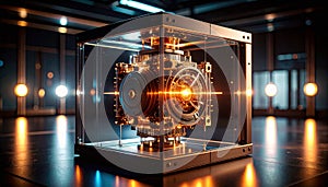 Mechanical AI Core Rotating Inside Transparent Cube. AI themed Background. Generated Image