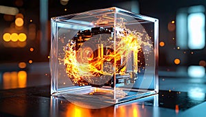 Mechanical AI Core Rotating Inside Transparent Cube. AI themed Background. Generated Image
