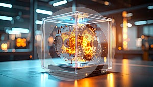 Mechanical AI Core Rotating Inside Transparent Cube. AI themed Background. Generated Image