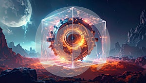 Mechanical AI Core Rotating Inside Transparent Cube. AI themed Background. Generated Image