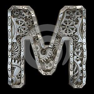 Mechanical alphabet made from rivet metal with gears on black background. Letter M. 3D