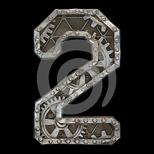 Mechanical alphabet made from rivet metal with gears on black background. Number 2. 3D