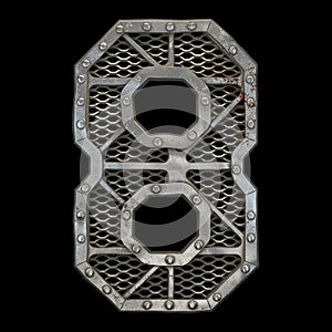 Mechanical alphabet made from rivet metal with gears on black background. Number 8. 3D