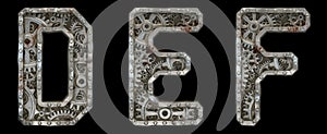 Mechanical alphabet made from rivet metal with gears on black background. Set of letters D, E, F. 3D