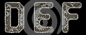 Mechanical alphabet made from rivet metal with gears on black background. Set of letters D, E, F. 3D